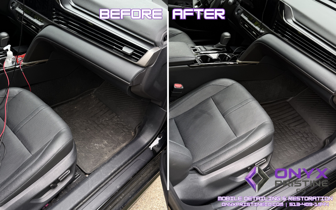 Car interior seats and console before and after detail — Onyx Pristine Co.